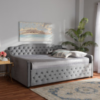 Baxton Studio Freda-Grey Velvet-Daybed-Full Freda Transitional and Contemporary Grey Velvet Fabric Upholstered and Button Tufted Full Size Daybed